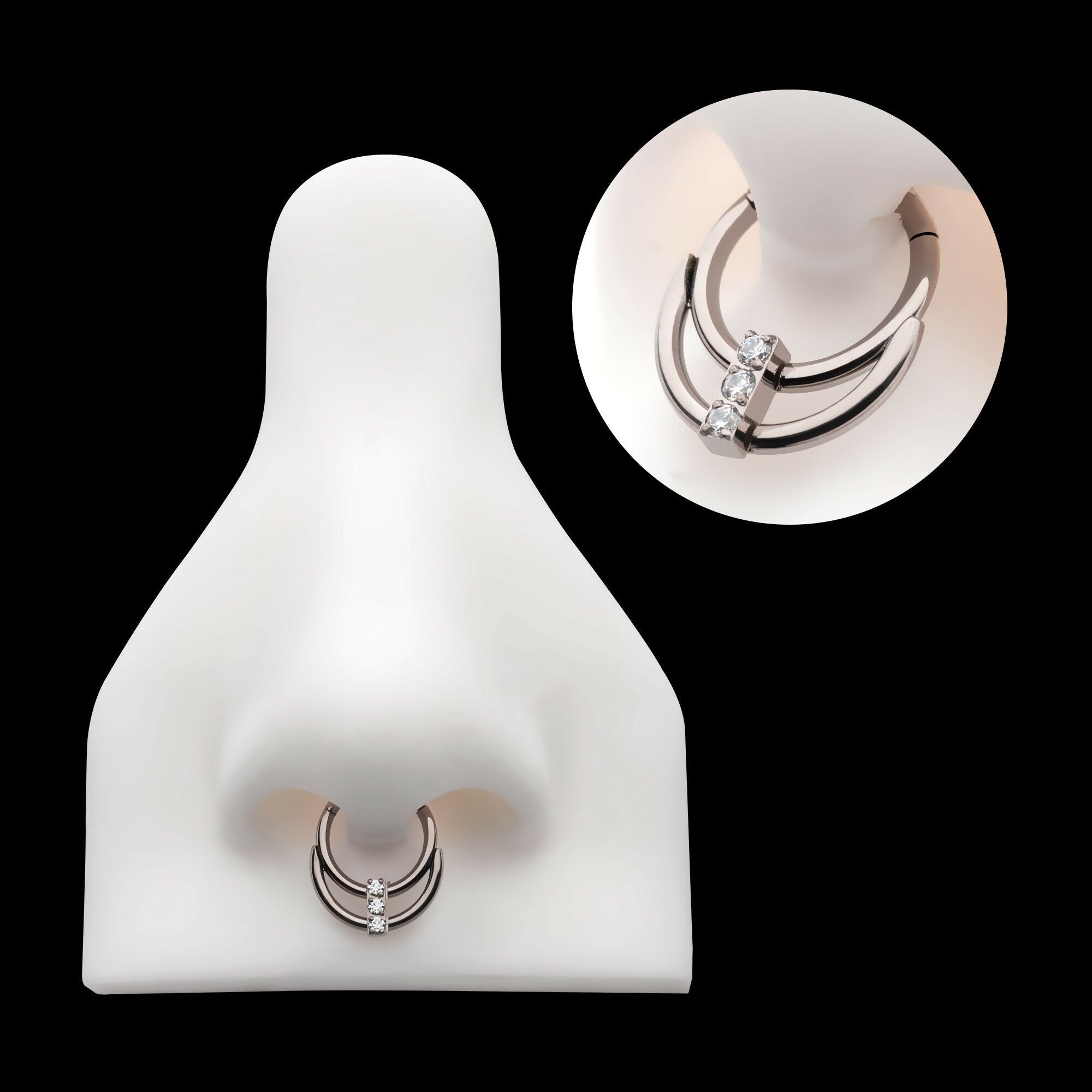 Double Hoop with 3-Cluster CZ Front Facing Hinged Segment Clicker Earring / Nosering – Titanium