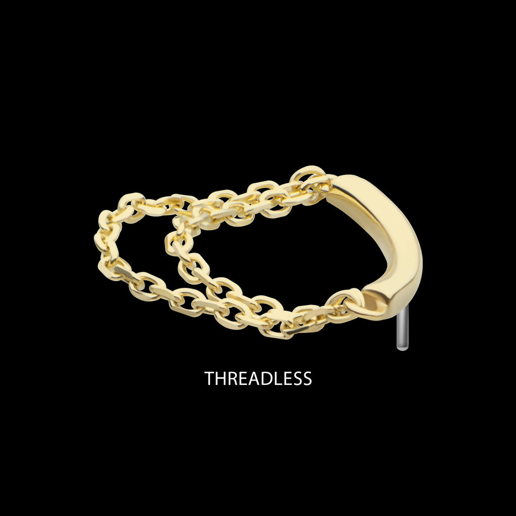 14Kt Yellow Gold Threadless Curve Bar Top with 2 Tier Dangle Chain