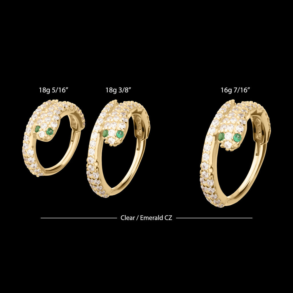 Pave Gem with Emerald-Eye Snake Side Facing Hinged Segment Clicker Hoop Earring / Nosering – 14Kt Yellow Gold
