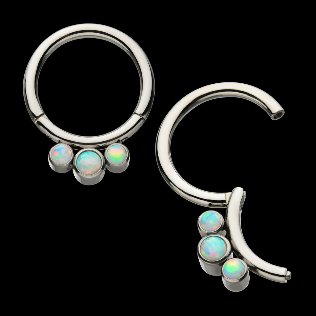 Petite 3 Bezel Set White Opal Stones Set On Hinged Segment Clicker Hoop Earring / Nosering – Titanium