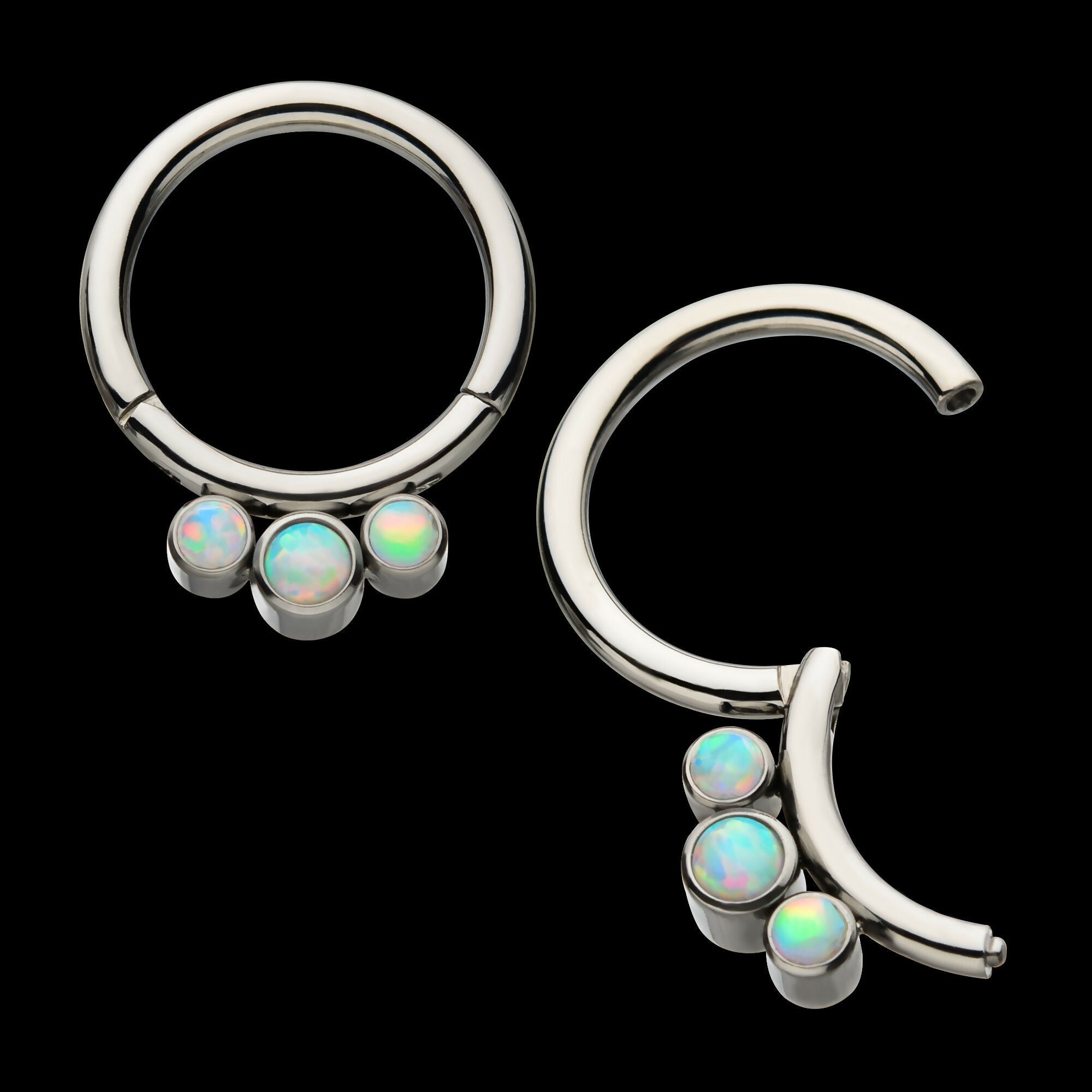 Petite 3 Bezel Set White Opal Stones Set On Hinged Segment Clicker Hoop Earring / Nosering – Titanium