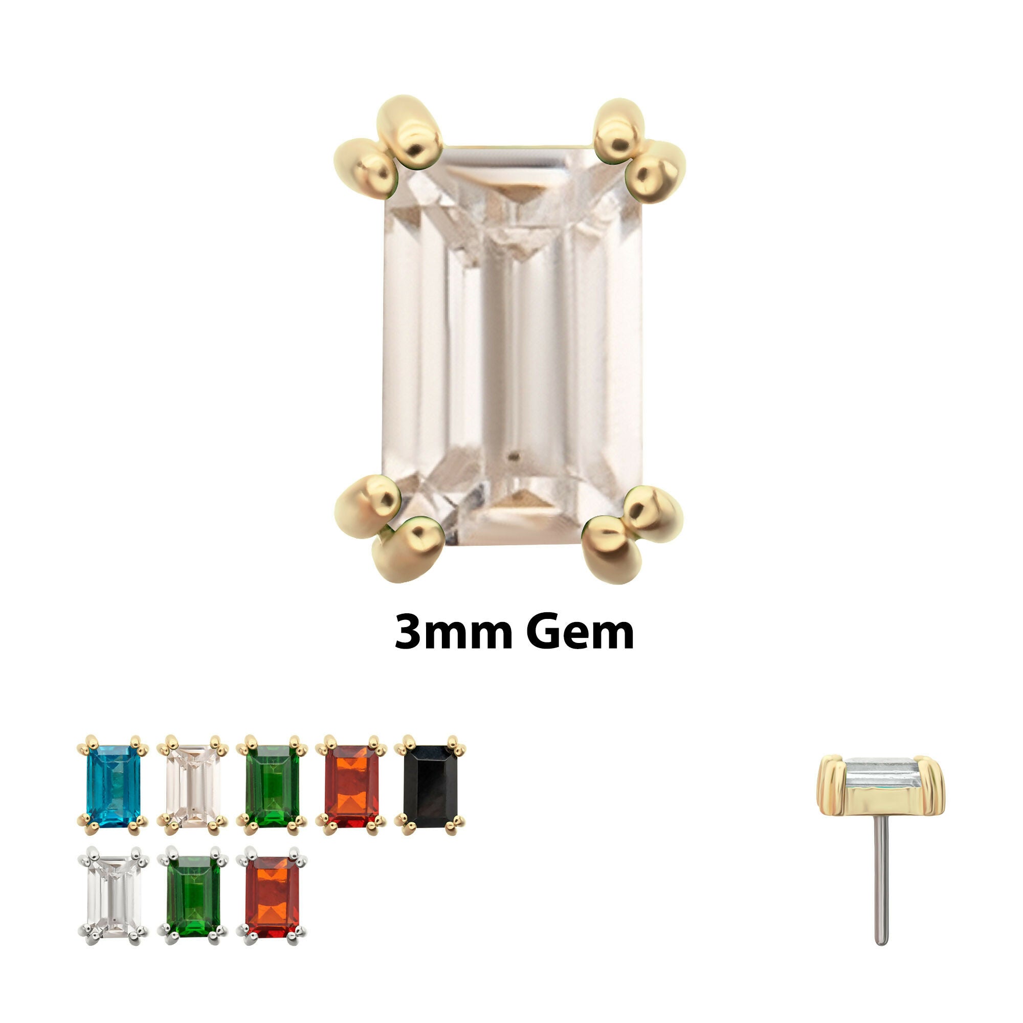 3mm Emerald Cut Prong Set Gem Flatback Stud Earring / Nosering - Gem in 14Kt Gold