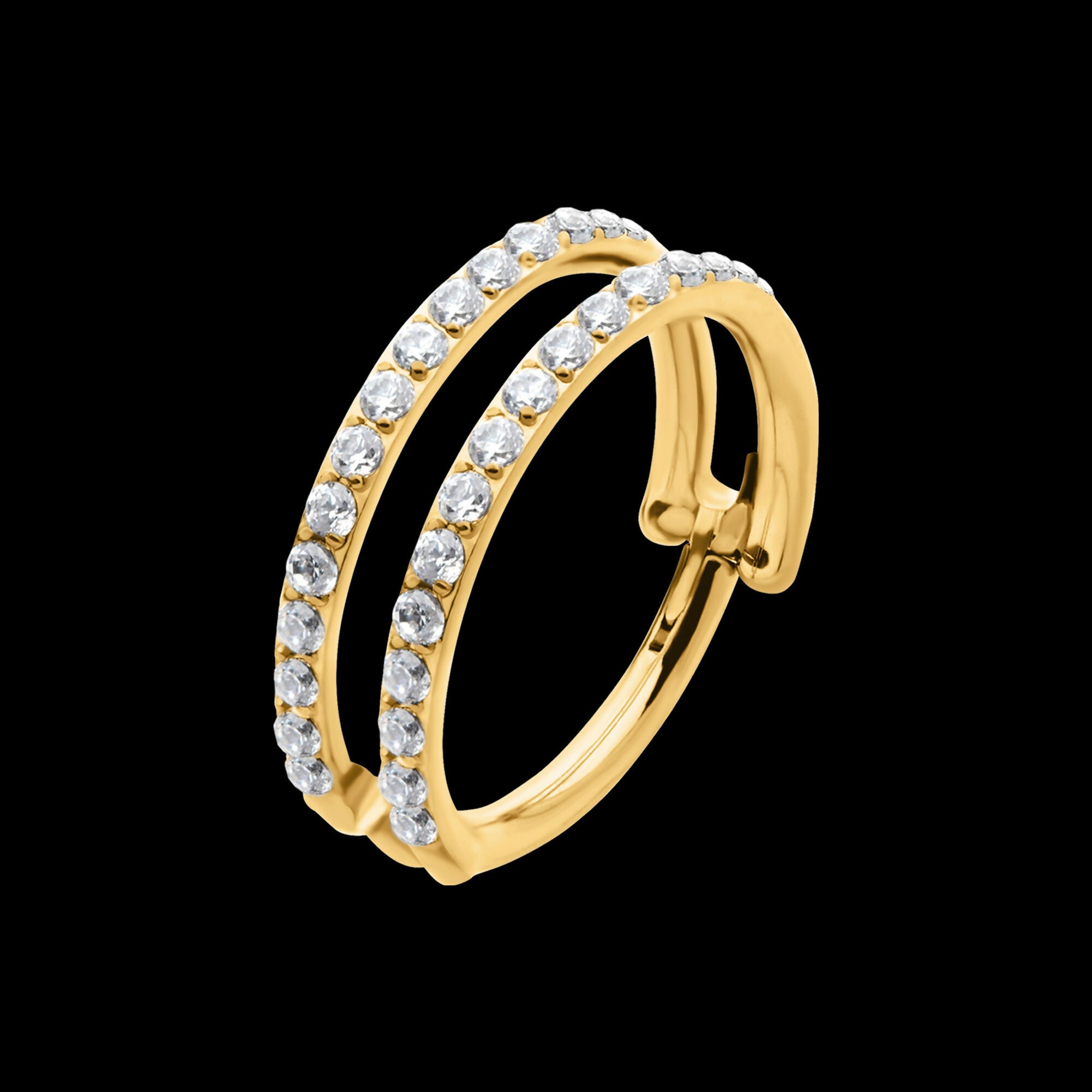 24Kt Gold PVD Titanium Double Row Full Clear CZ Side Facing Hinged Segment Clicker Hoop Earring / Nosering