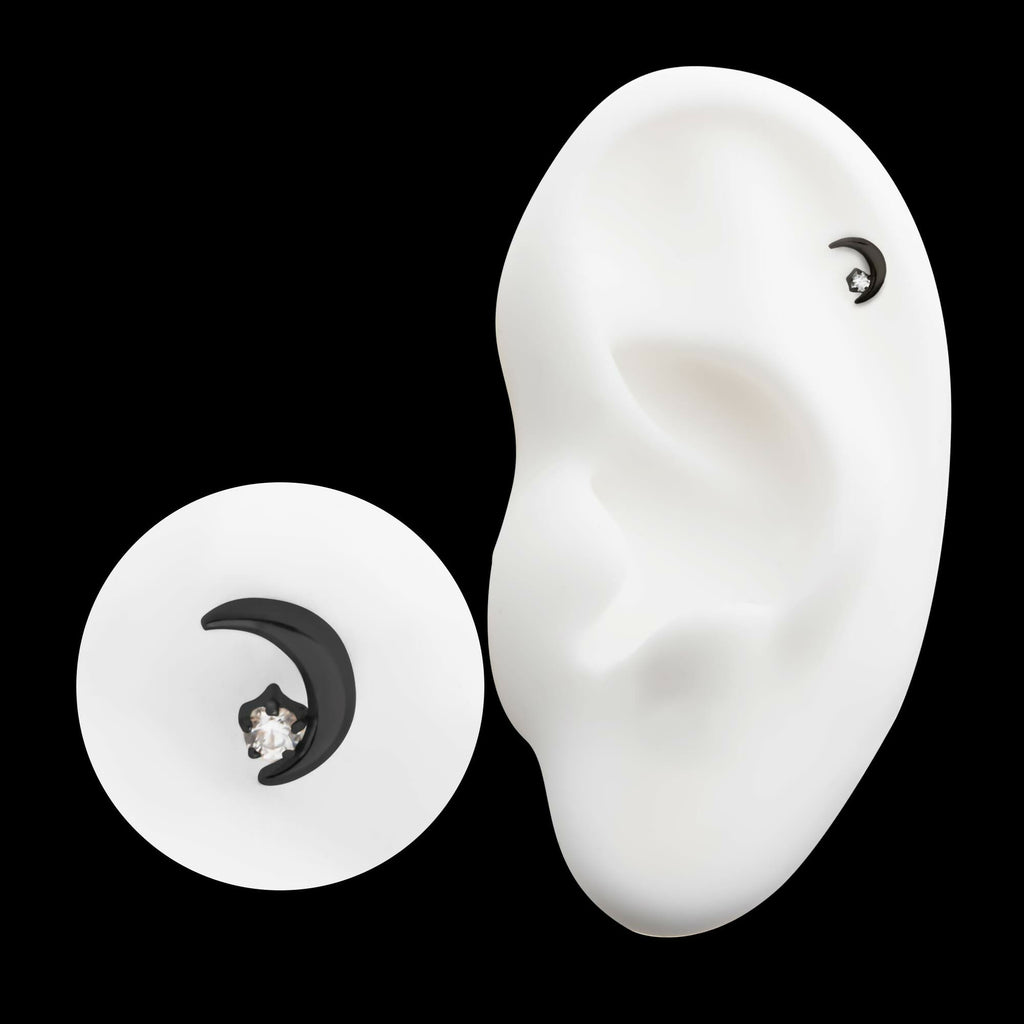 Black PVD Titanium Threadless Crescent Moon with CZ/Opal Top