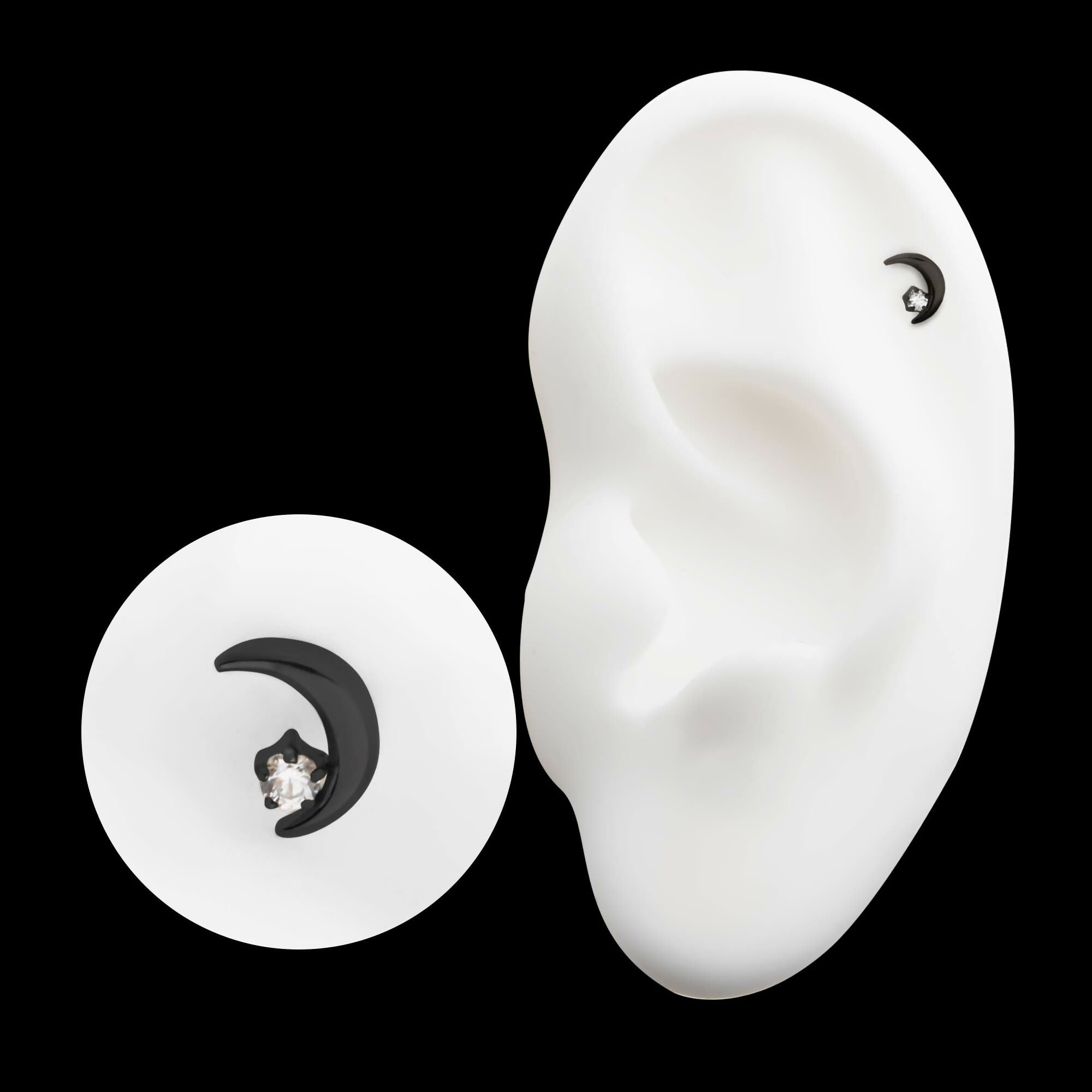 Black PVD Titanium Threadless Crescent Moon with CZ/Opal Top