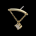 14Kt Gold Threadless Hidden Helix Curved Bar Top with Gem Chain Dangle