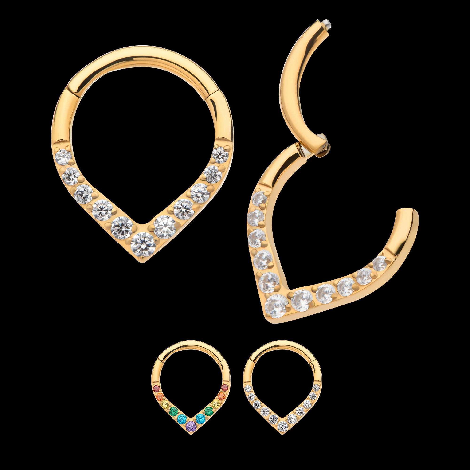 24Kt Gold PVD Titanium CNC Set Gem Front Facing Teardrop Shape Hinged Segment Clicker Hoop Earring / Nosering
