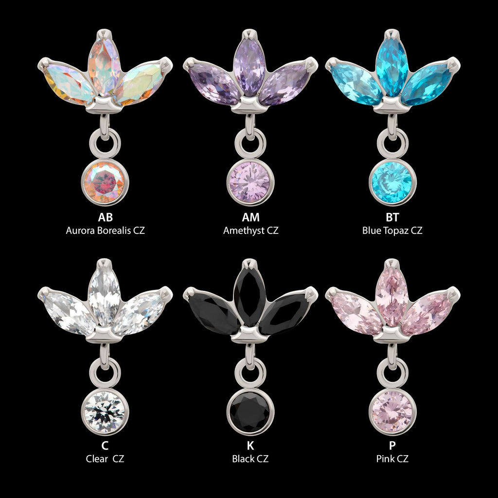 Titanium Threadless 3 Marquise Fan Top with Bezel Gem Dangle