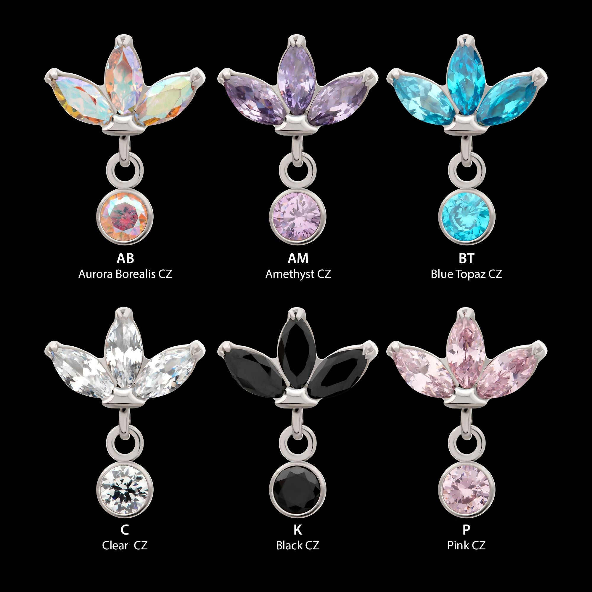 Titanium Threadless 3 Marquise Fan Top with Bezel Gem Dangle