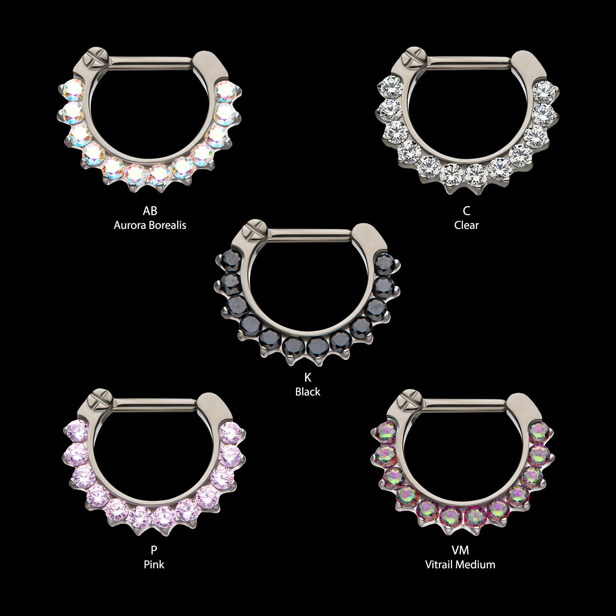 12-Cluster CZ/Opal Septum Clickers Hoop Earring / Nosering – Titanium