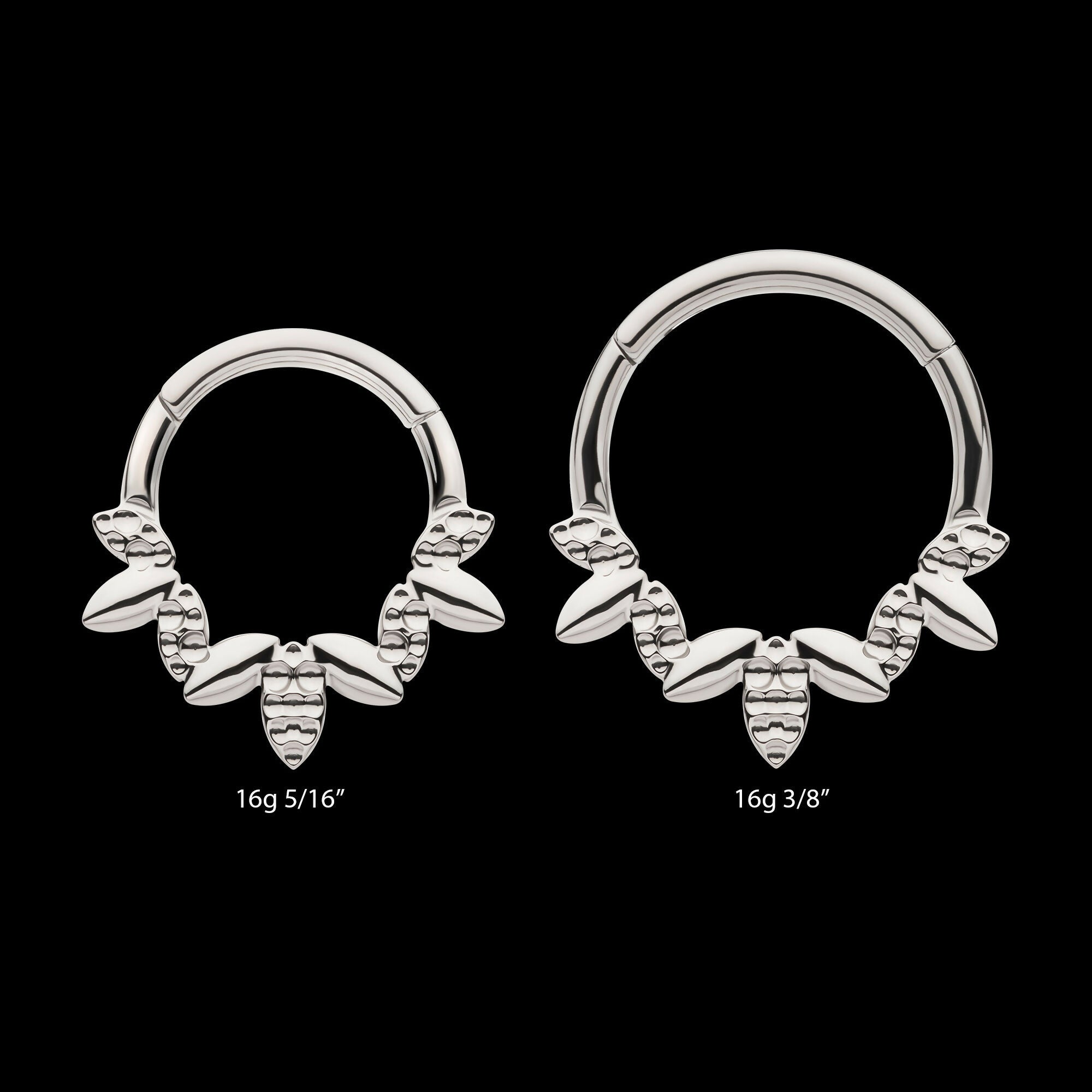 Clustered Hammered & Shiny 3-Petal Flower Front Facing Hinged Segment Clicker Hoop Earring / Nosering – Titanium