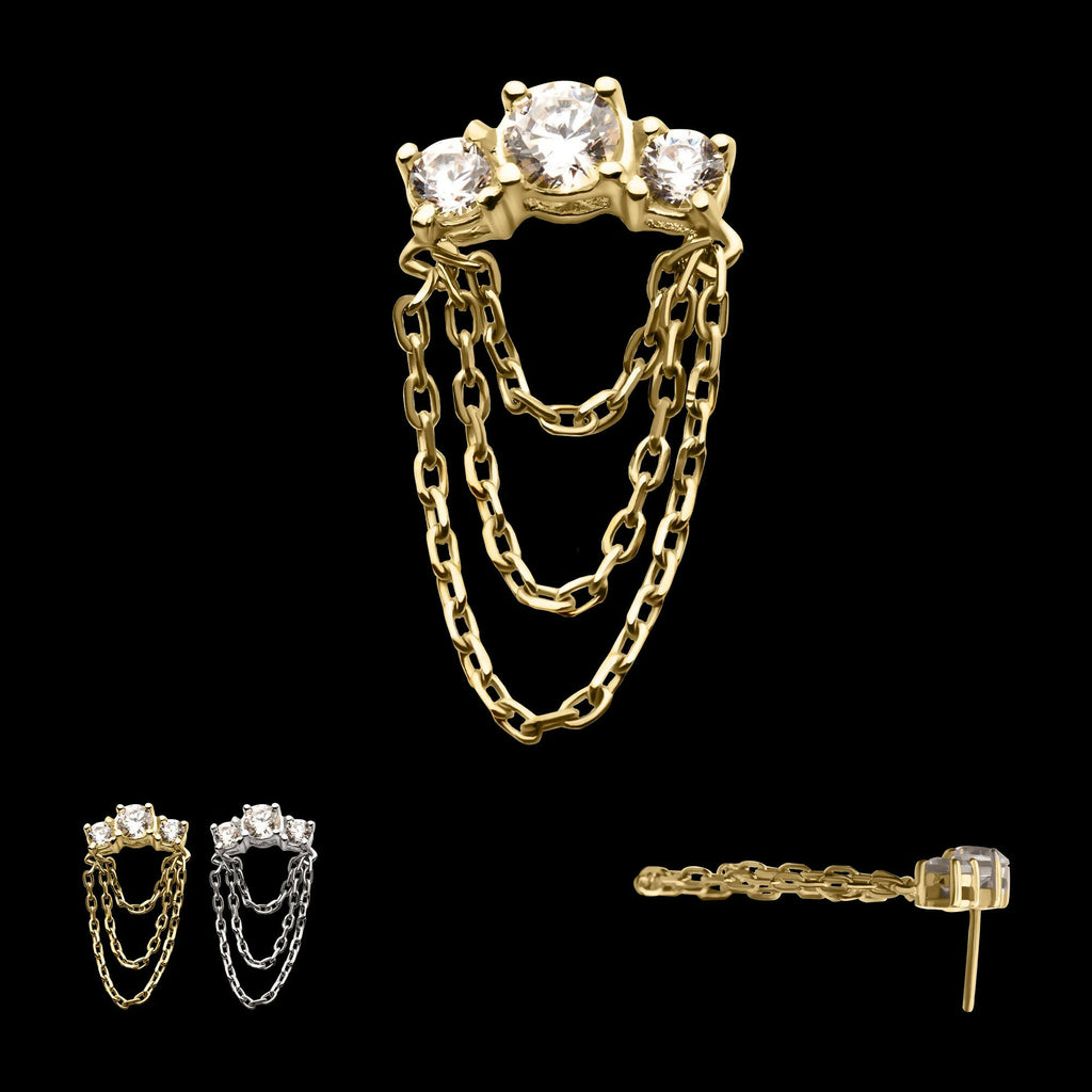 14Kt Gold Threadless Threadless 3-Cluster Prong Set Gem Top with 3-Tier Chain Dangle