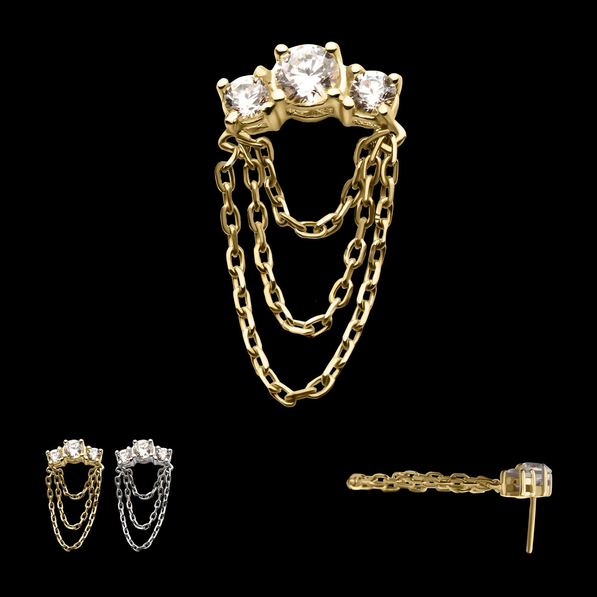 14Kt Gold Threadless Threadless 3-Cluster Prong Set Gem Top with 3-Tier Chain Dangle
