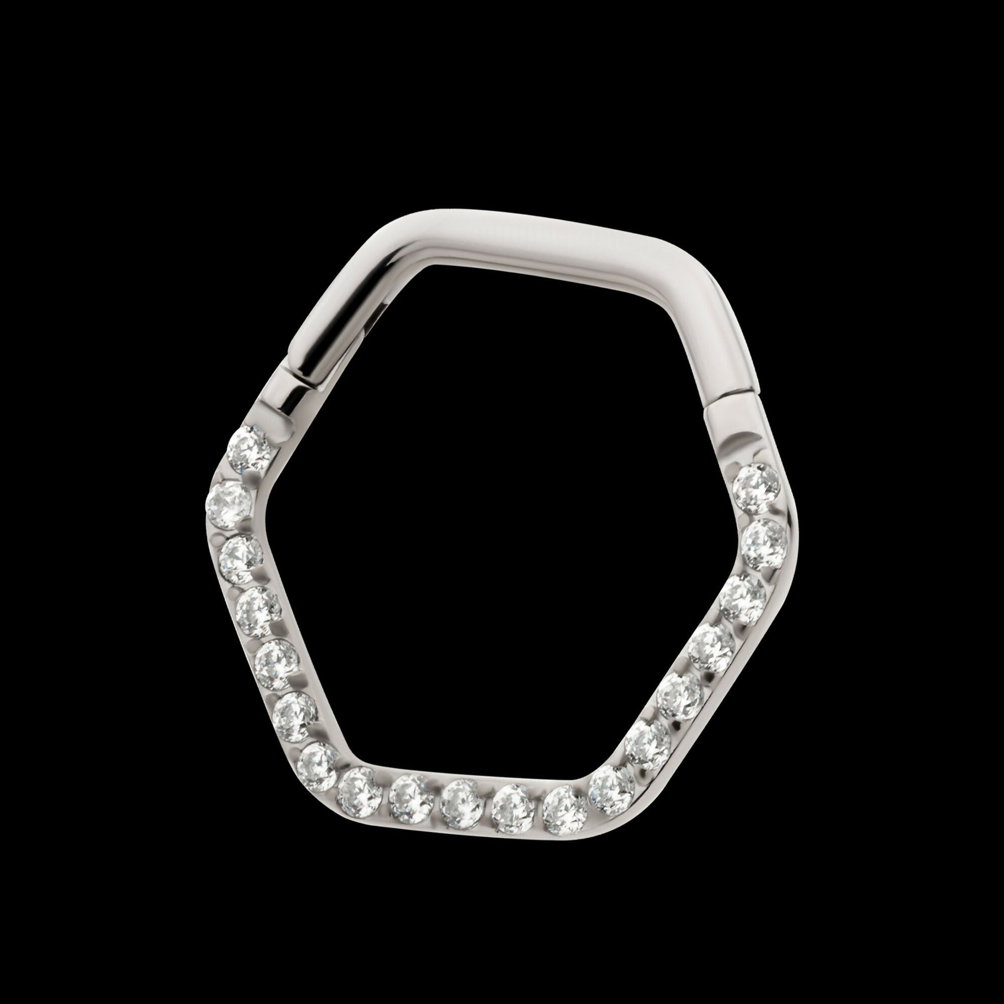 1mm CNC Set Clear CZ Eternity Hexagon Shape Front Facing Hinged Segment Clicker Hoop Earring / Nosering – Titanium