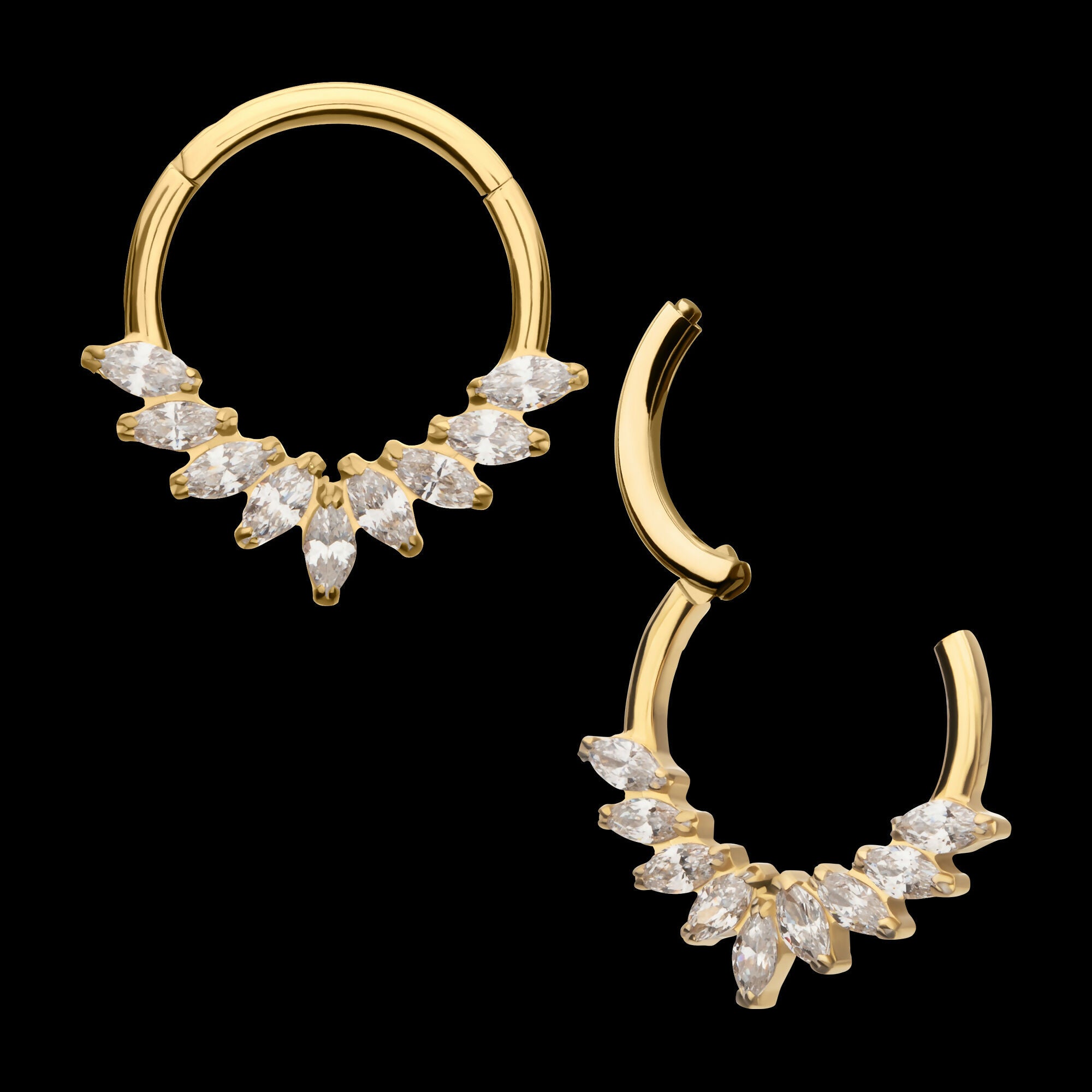 24Kt Gold PVD Titanium 9 Gem Marquise Cluster Front Facing Hinged Segment Clicker Hoop Earring / Nosering