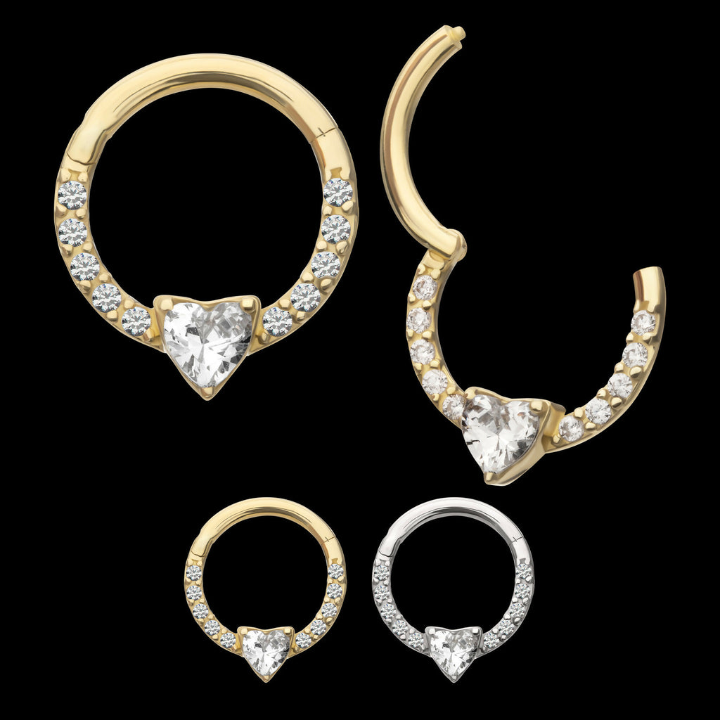3mm Prong Set Heart with 1mm CNC Set Round Gem Front Facing Hinged Segment Clicker Hoop Earring / Nosering – 14Kt Gold