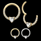 3mm Prong Set Heart with 1mm CNC Set Round Gem Front Facing Hinged Segment Clicker Hoop Earring / Nosering – 14Kt Gold