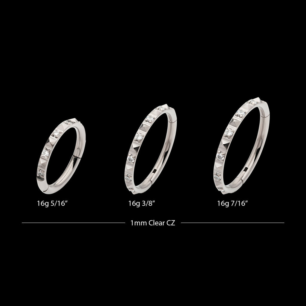 Alternating CZ & Pyramid Stud Side Facing Hinged Segment Clicker Hoop Earring / Nosering – Titanium