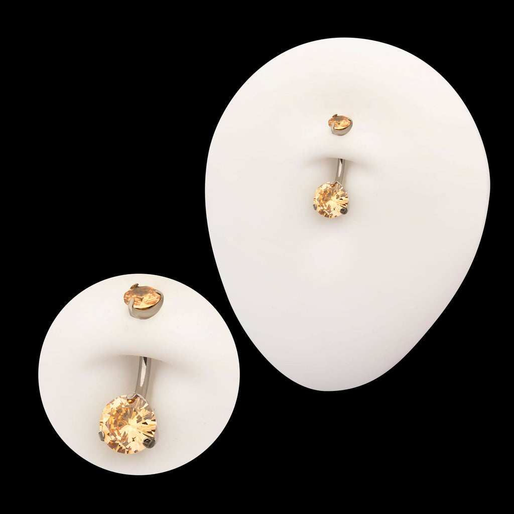 Internally Threaded Double 3-Prong Round Gem Fixed Bottom Navel Earring / Nosering – Titanium