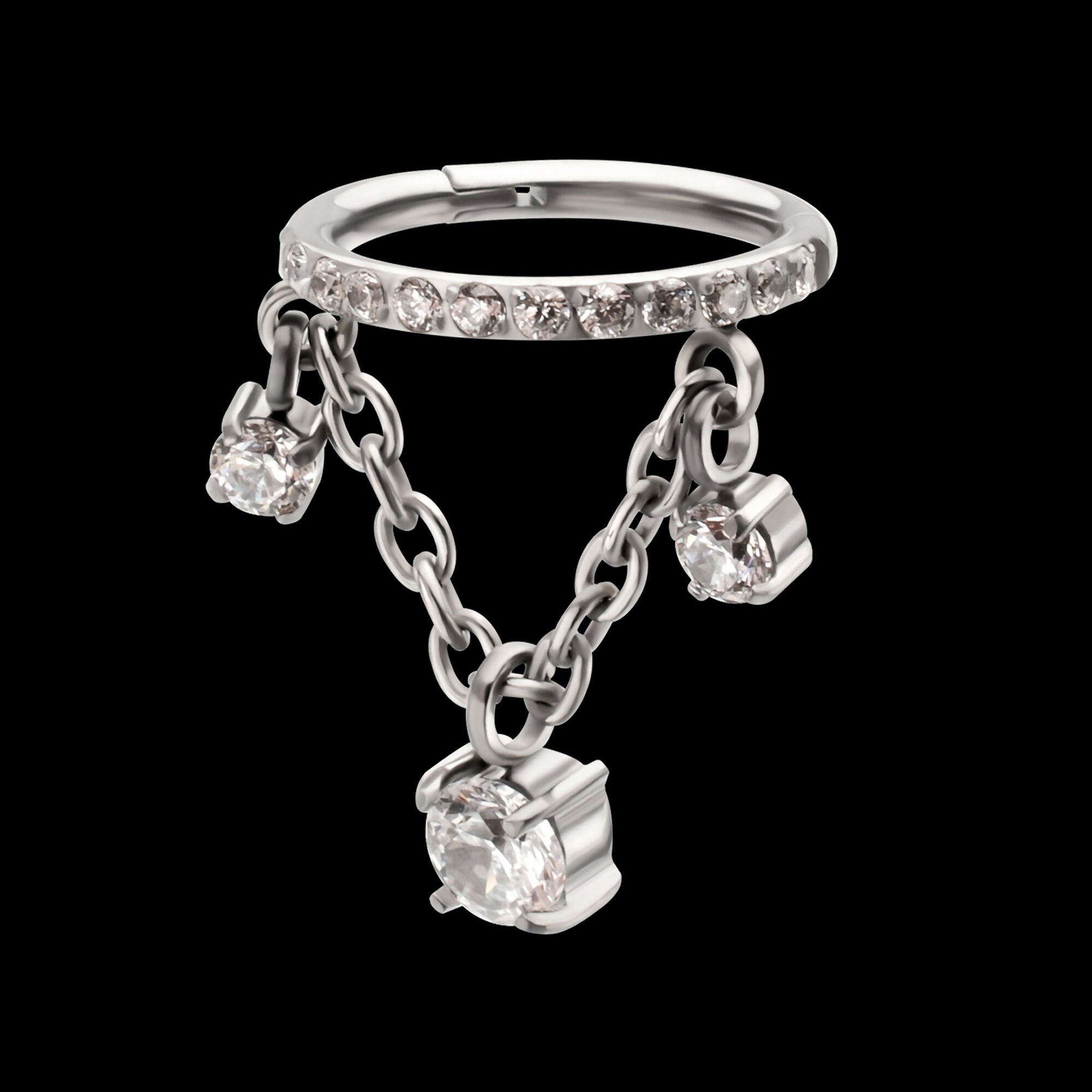 Pave Gem Hoop with Three Prong Set Gem Chain Dangle Hinged Segment Clicker Earring / Nosering – Titanium
