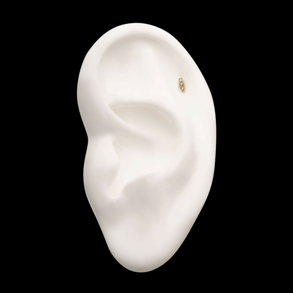 14Kt Yellow Gold Threadless with 3-Clear Gem Bar Top