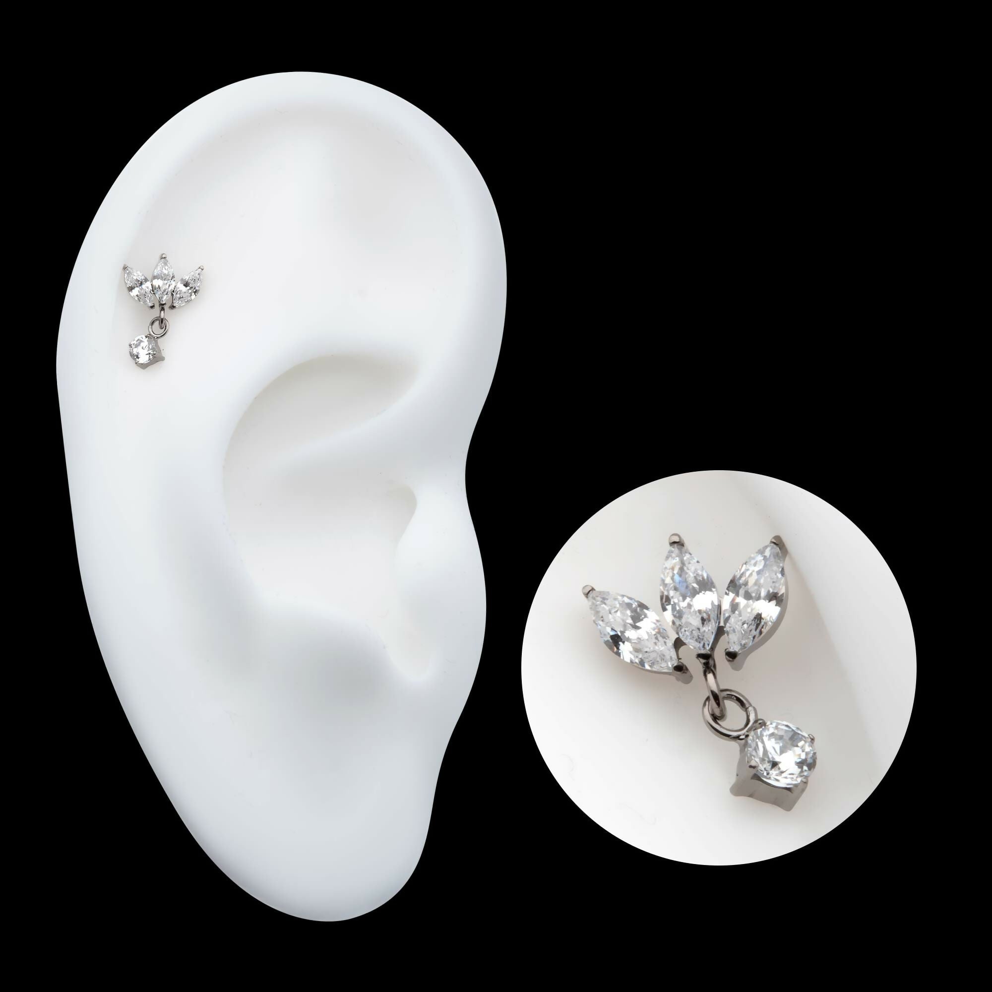 Titanium Threadless 3 Cluster Marquise CZ Top with Dangle 4-Prong Round CZ