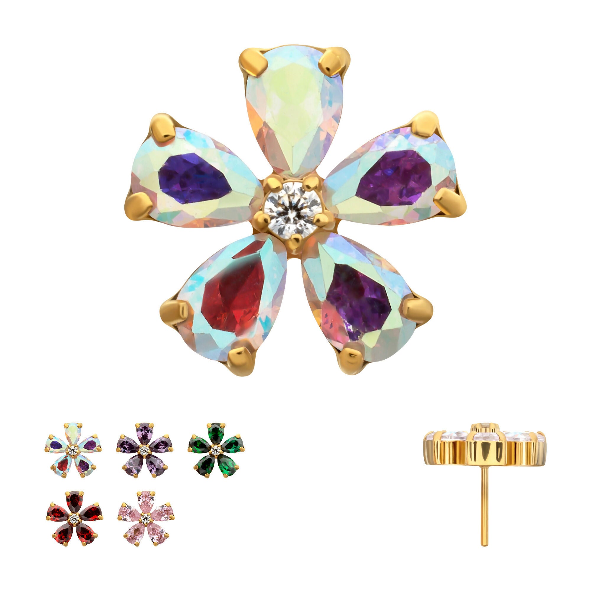Radiant Bloom Flower Prong Set Gem Flatback Stud Earring / Nosering - Gem in 24Kt Gold PVD Titanium