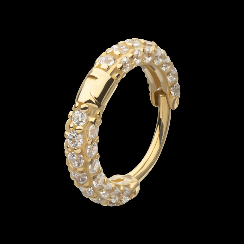 3 Row Pave Set Gem Hinged Hoop Huggie Earrings – 14Kt Yellow Gold