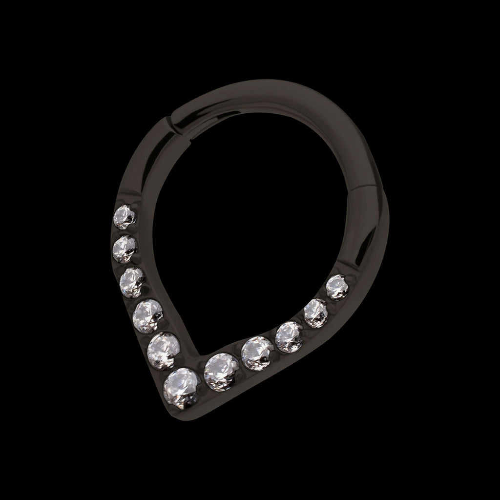 Black PVD Titanium CNC Set Gem Front Facing Teardrop Shape Hinged Segment Clicker Hoop Earring / Nosering