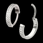 Platinum PVD Titanium Double Row 1mm Prong Set Gem Side Facing Huggie Hinged Segment Clicker Hoop Earring / Nosering
