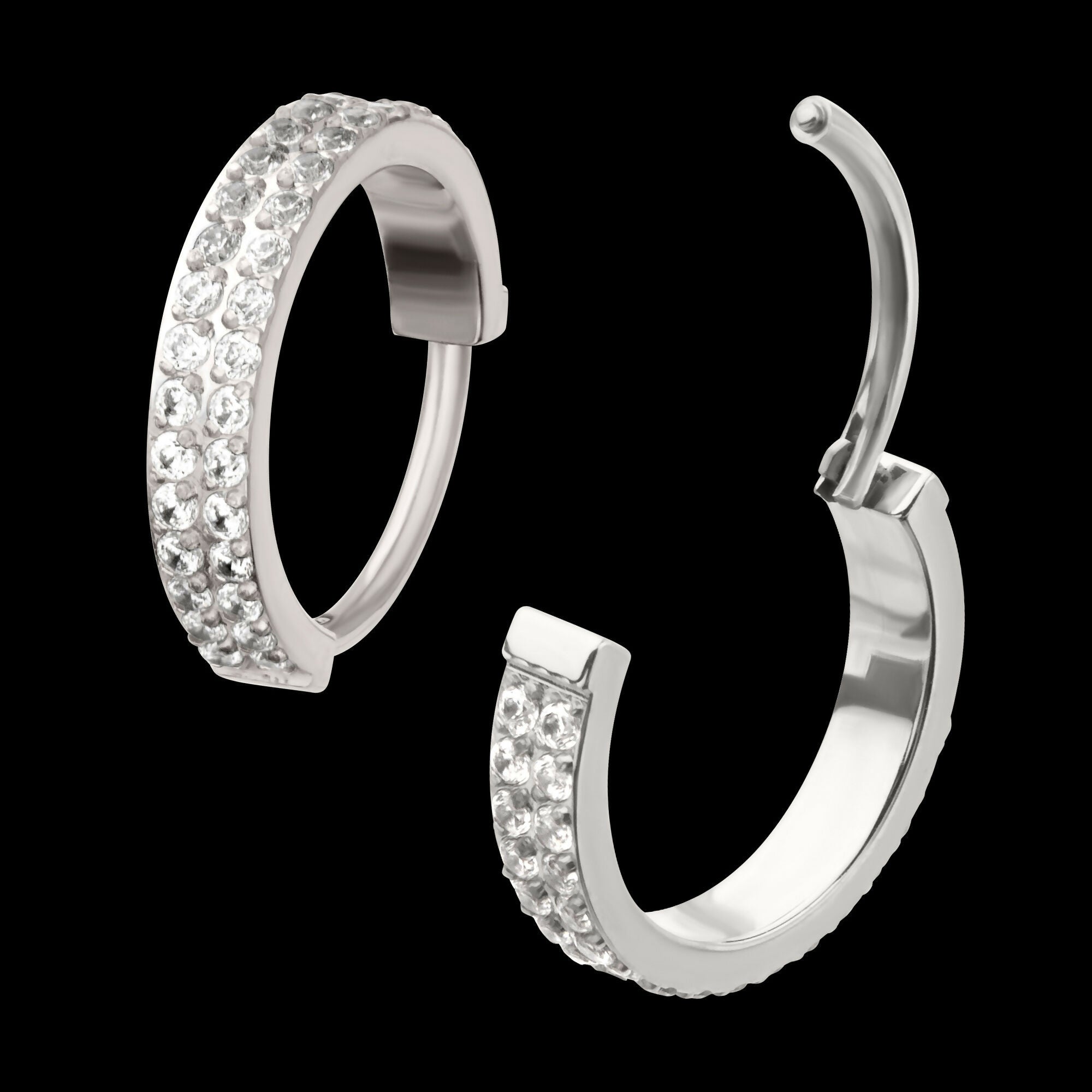 Platinum PVD Titanium Double Row 1mm Prong Set Gem Side Facing Huggie Hinged Segment Clicker Hoop Earring / Nosering