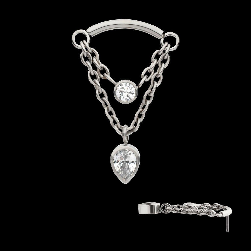 Titanium Threadless 2-Tier Dangle Chain Curved Bar Top with Bezel Round & Teadrop CZ
