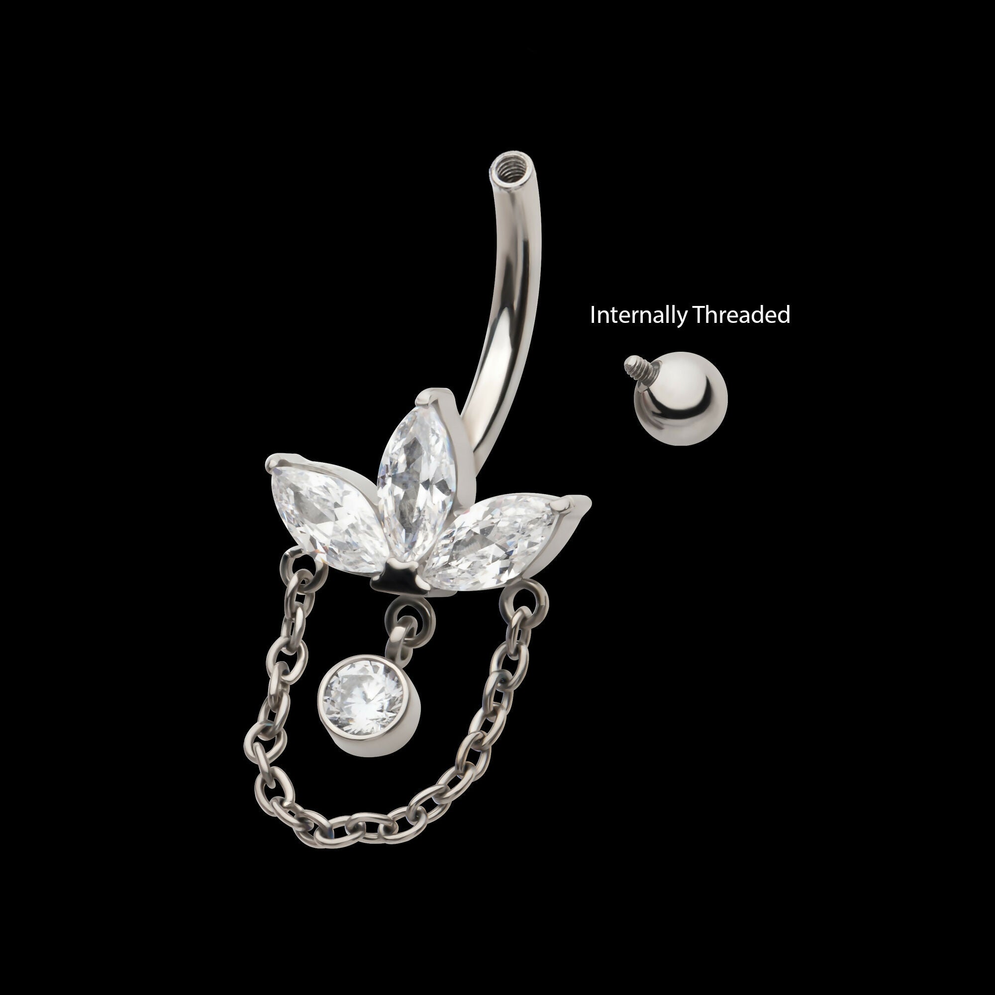 Internally Threaded Marquise Gem Fan Navel with Floating Gem and Chain Dangle Earring / Nosering – Titanium