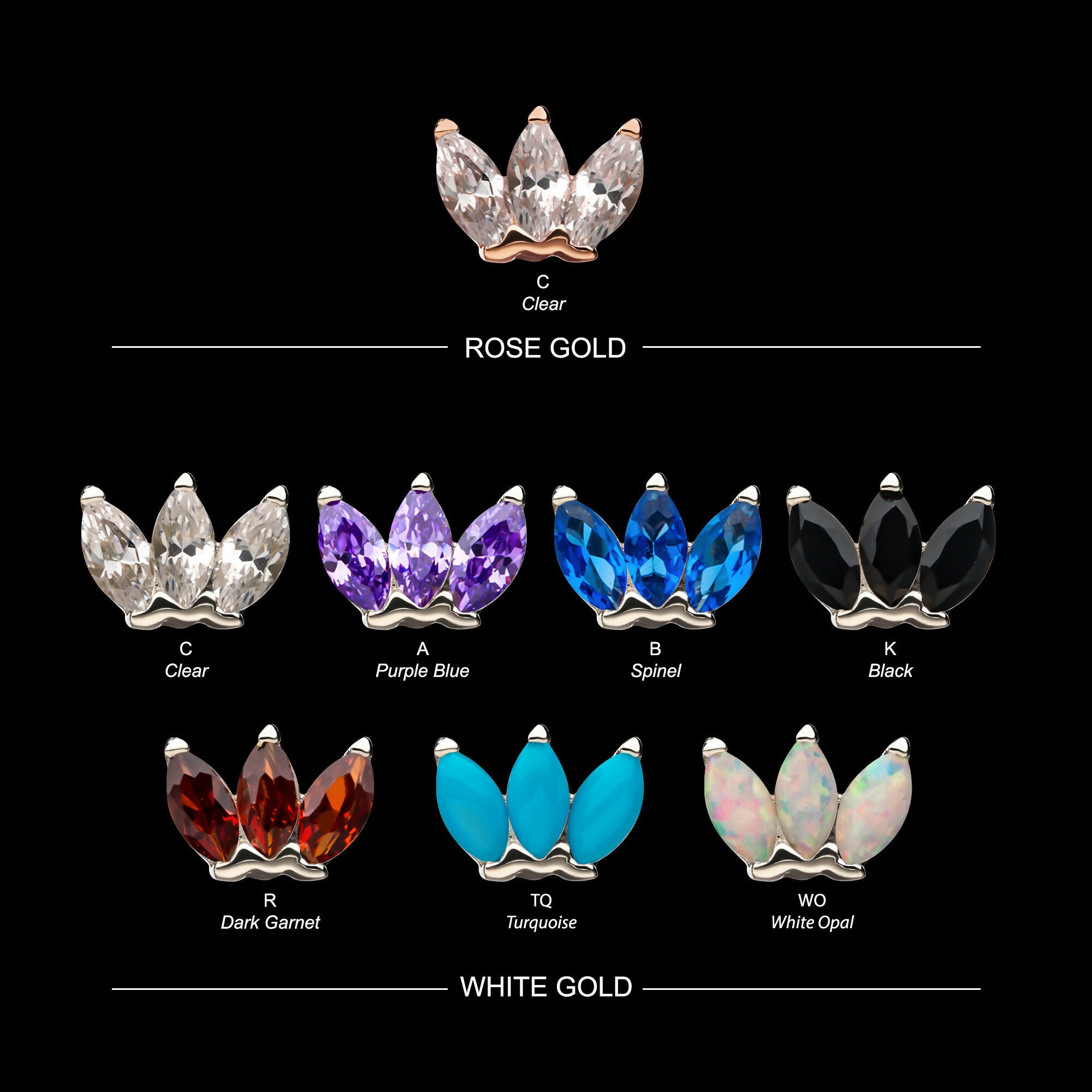 14Kt Gold with Triple Marquise Cluster Threadless Tops