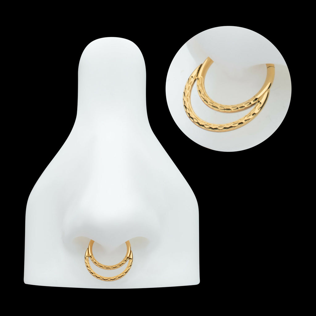 24Kt Gold PVD Titanium Hammered Double Hoop Front Facing Hinged Segment Clicker Earring / Nosering