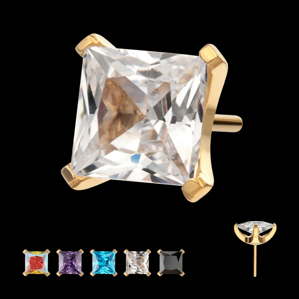 24Kt Gold PVD Titanium Threadless 4 Prong Princess Cut Gem Top