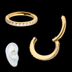 16g 24Kt Gold PVD Titanium Oval Shape with CNC Set Full Clear CZ Hinged Segment Clicker (for Rook Piercing) Hoop Earring / Nosering