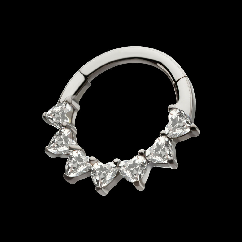 Seven Heart-Cut Gem Front Facing Hinged Segment Clicker Hoop Earring / Nosering – Titanium