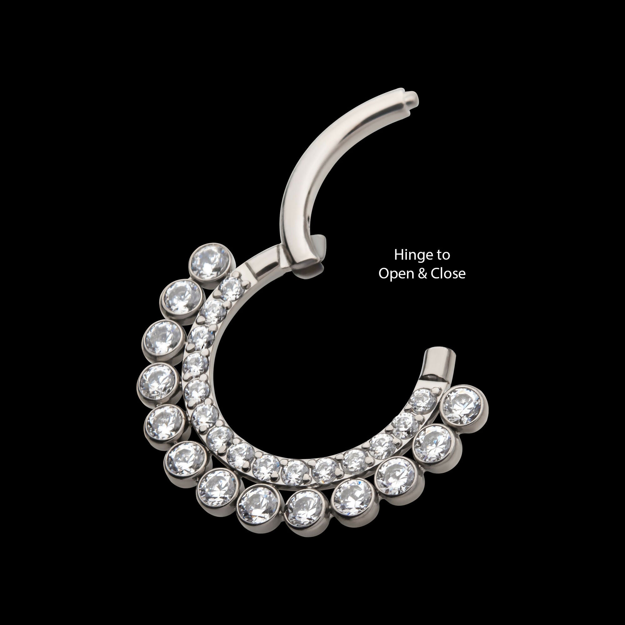 Double Row Clustered CZ Front Facing Hinged Segment Clicker Hoop Earring / Nosering – Titanium