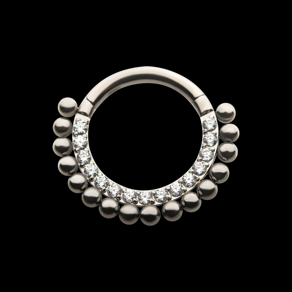 16-Beaded Prong Set Clear CZ Front Facing Hinged Segment Clicker Hoop Earring / Nosering – Titanium
