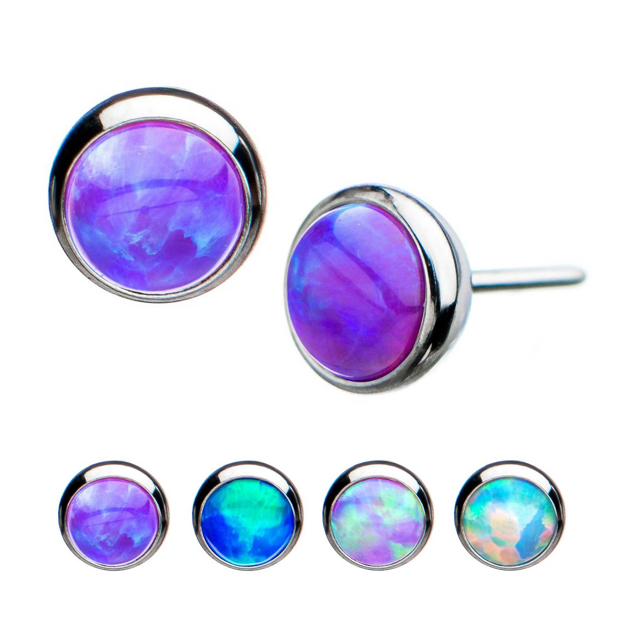 Bezel Set Synthetic Opal Front Facing Flatback Stud Earring / Nosering - Synthetic Opal & Opal in Titanium