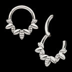 Clustered Hammered & Shiny 3-Petal Flower Front Facing Hinged Segment Clicker Hoop Earring / Nosering – Titanium