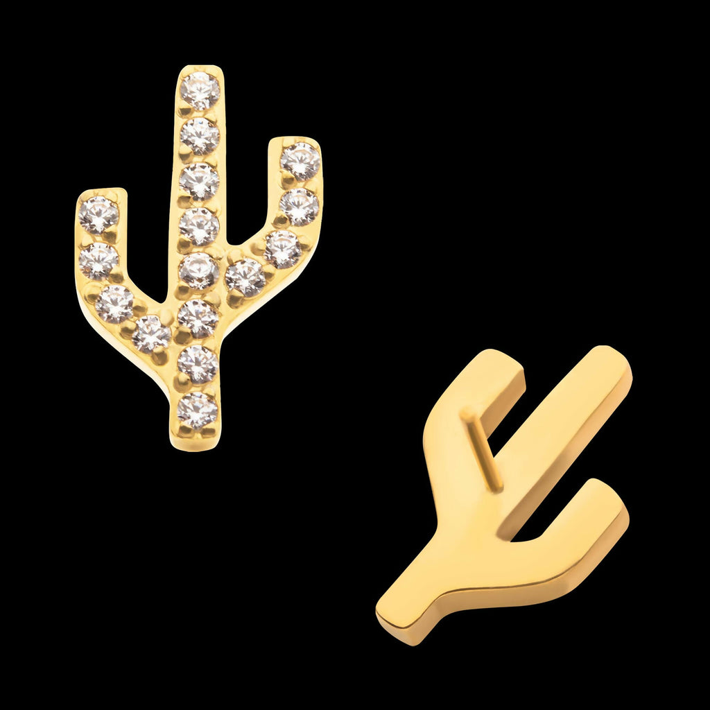24KT Gold PVD Titanium Threadless with Prong Set CZ Cactus Top