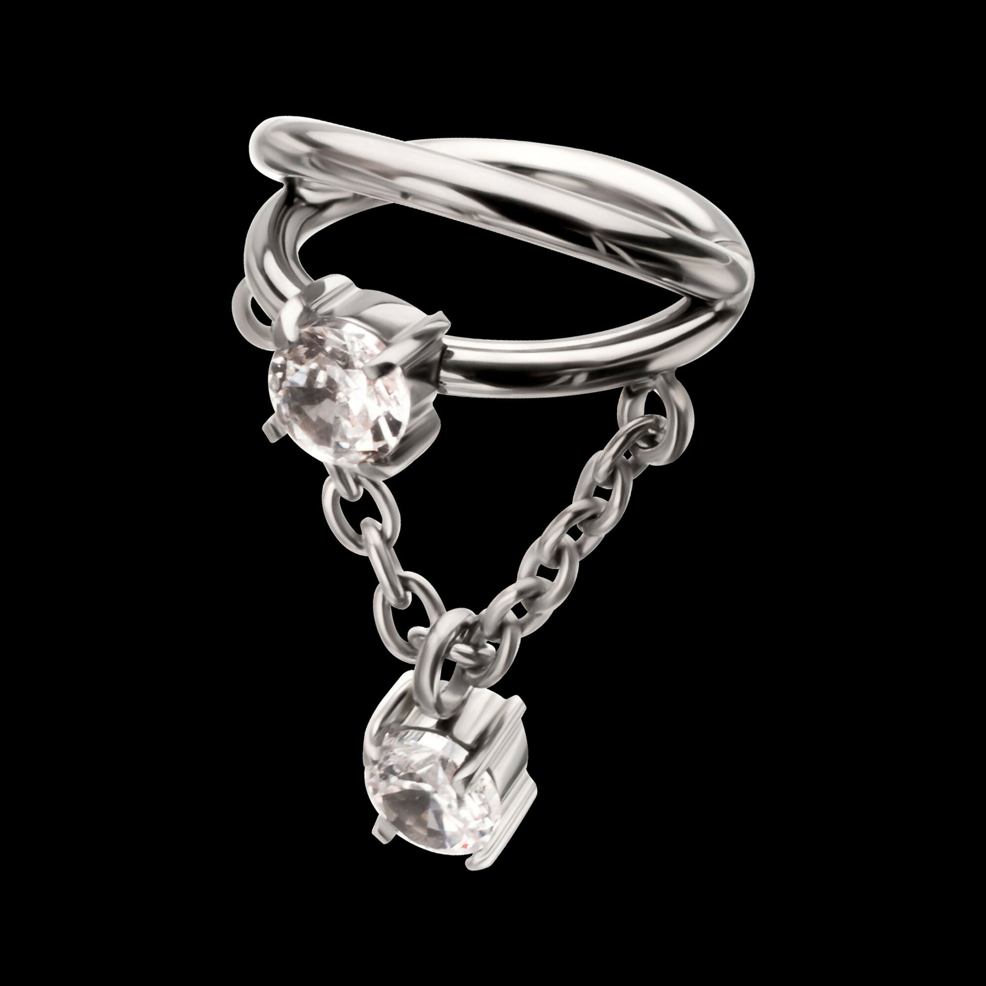 Prong Set Gem Open Stack Double Hoop with Gem Chain Dangle Hinged Segment Clicker Earring / Nosering – Titanium