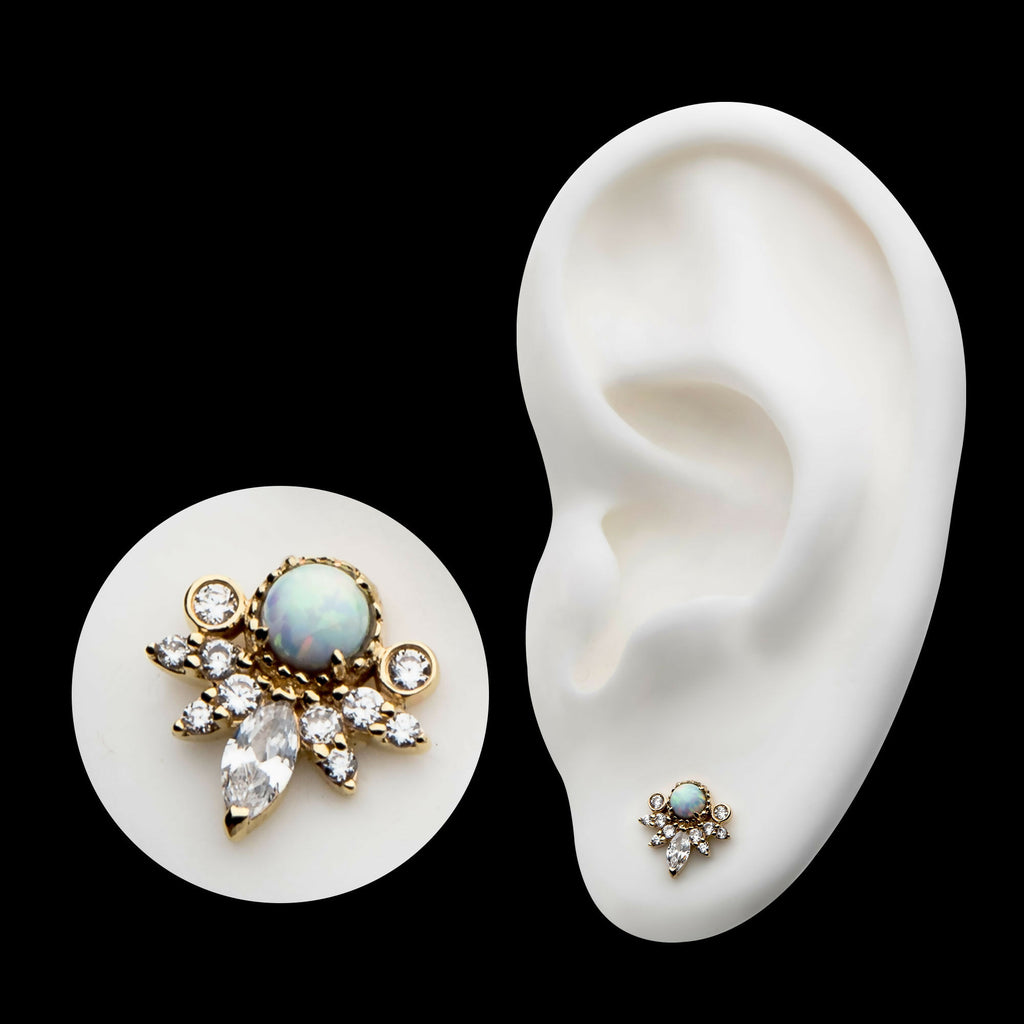14Kt Yellow Gold Threadless with White Synthetic Opal, Round & Marquise Clear CZ Tiara Cluster Top