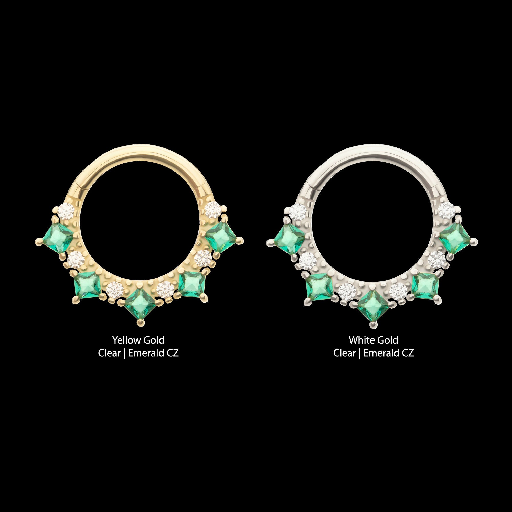 Alternating Round & Princess Cut Prong Set Gem Front Facing Hinged Segment Clicker Hoop Earring / Nosering – 14Kt Gold