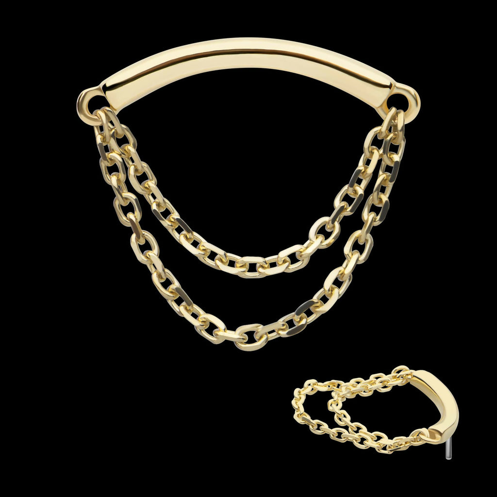 14Kt Yellow Gold Threadless Curve Bar Top with 2 Tier Dangle Chain