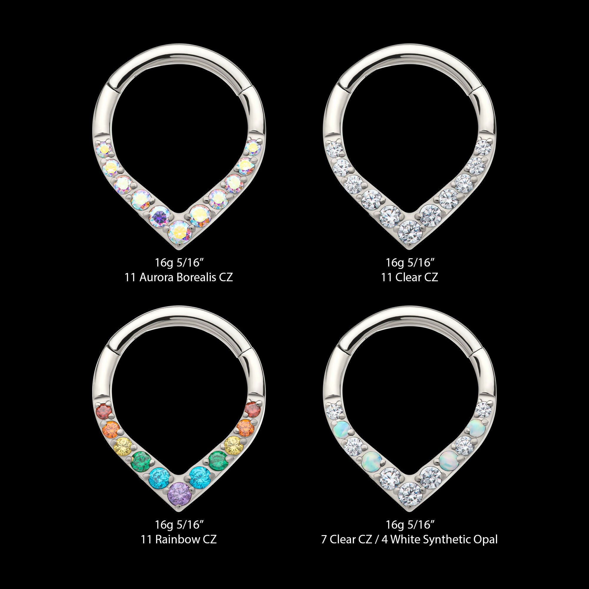 CNC Set Round CZ/Opal Front Facing Teardrop Shape Hinged Segment Clicker Hoop Earring / Nosering – Titanium