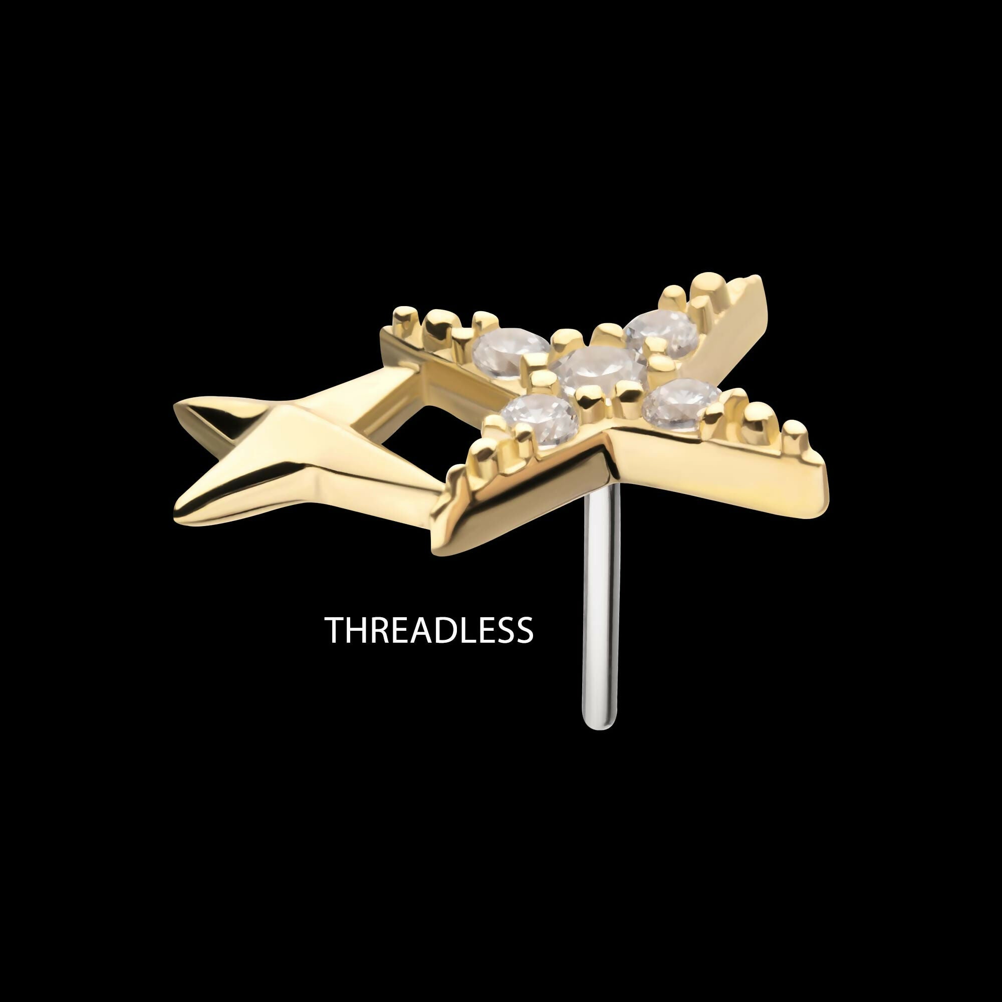 14Kt Gold Threadless Pave Set Round Gem Double Celestial Star Top