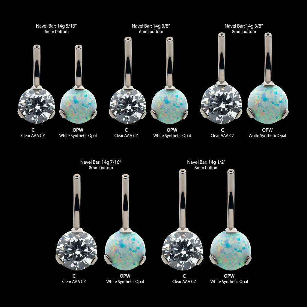 Prong Set Round AAA CZ/Synthetic Opal Fixed Bottom Only Navel Curve Earring / Nosering – Titanium